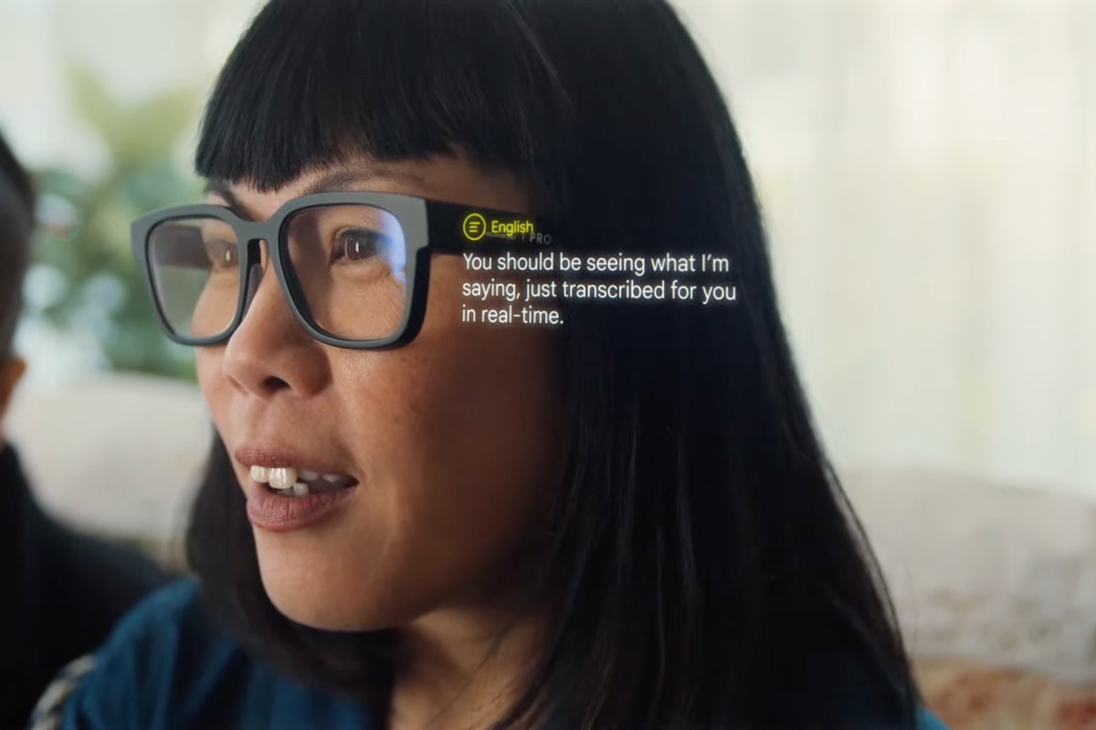 Woman using google glasses prototype