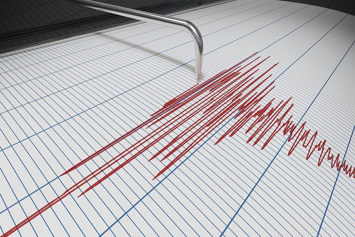 Seismograph for earthquake detection or lie detector is drawing chart. 3D rendered illustration.