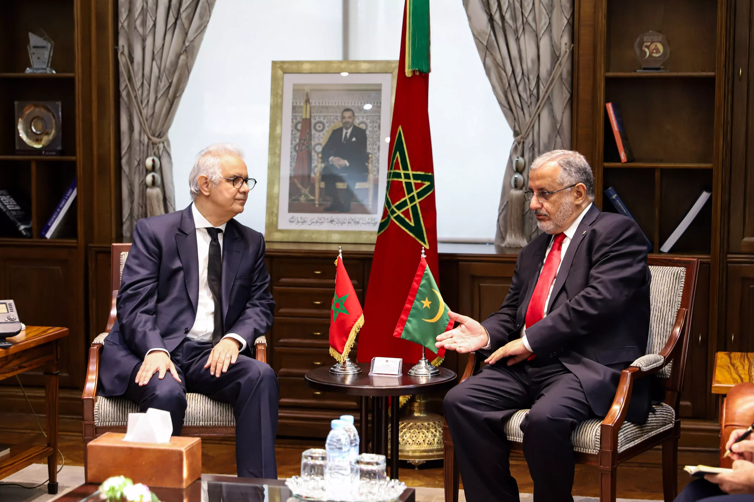 Morocco's Minister of Transport Nizar Baraka next to his Mauritanian Counterpart Mohamed Ali Ould Sidi Mohamed