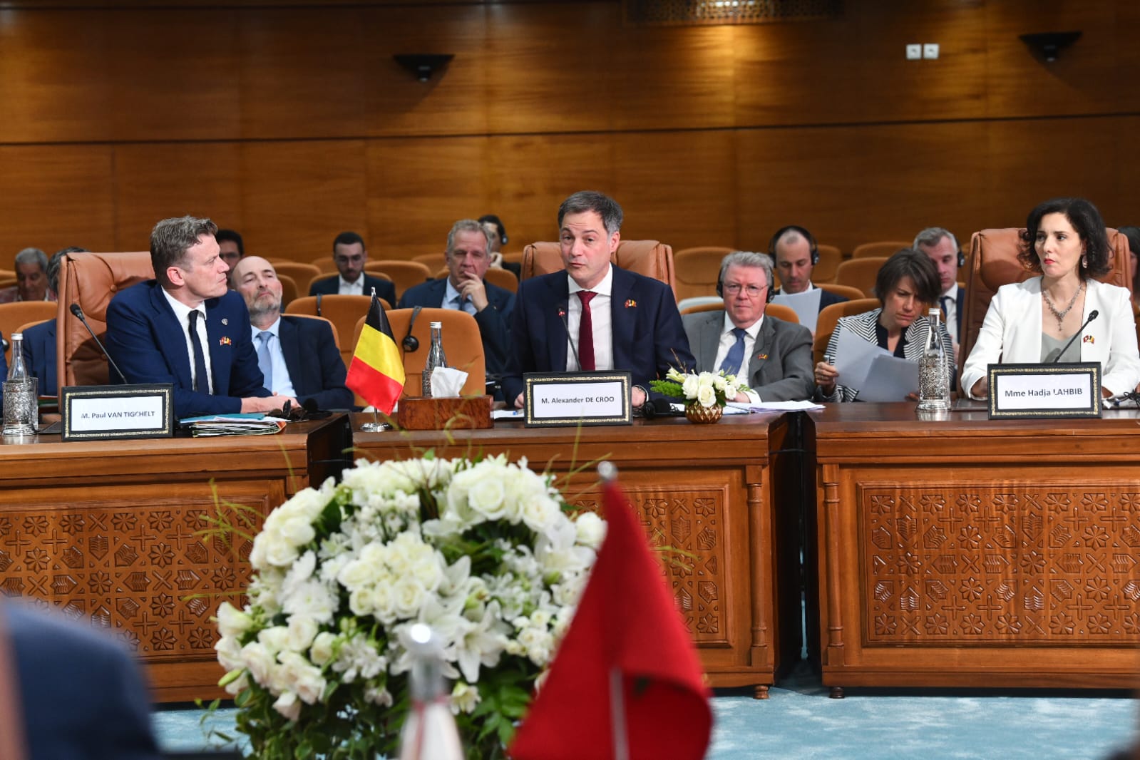 Belgian PM Alexander De Croo (center), FM Hadja Lahbib (right) and Minister of Justice Paul Van Tigchelt (left)